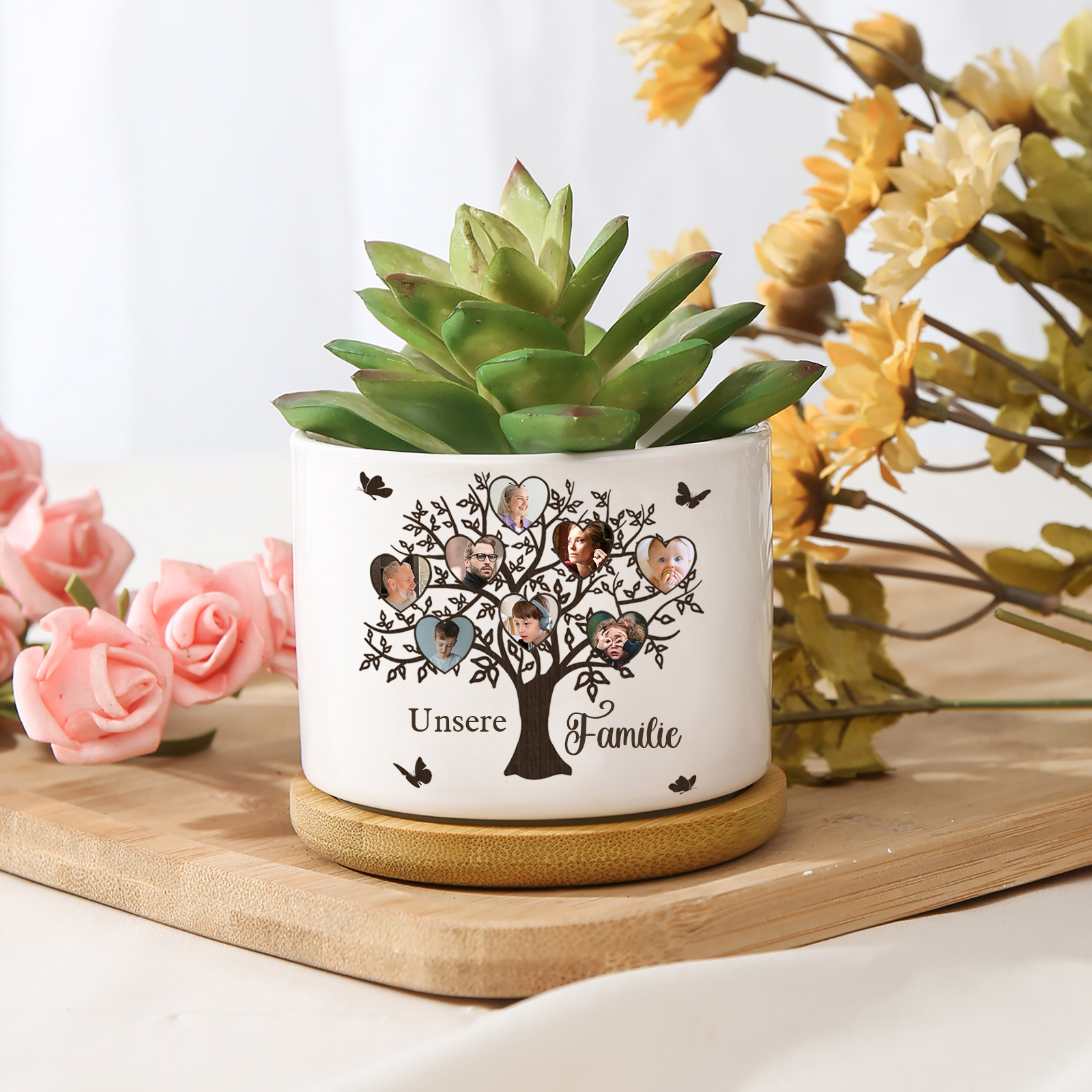 Personalisierbarer Text & 8 Fotos Familienbaum Familie Blumentopf