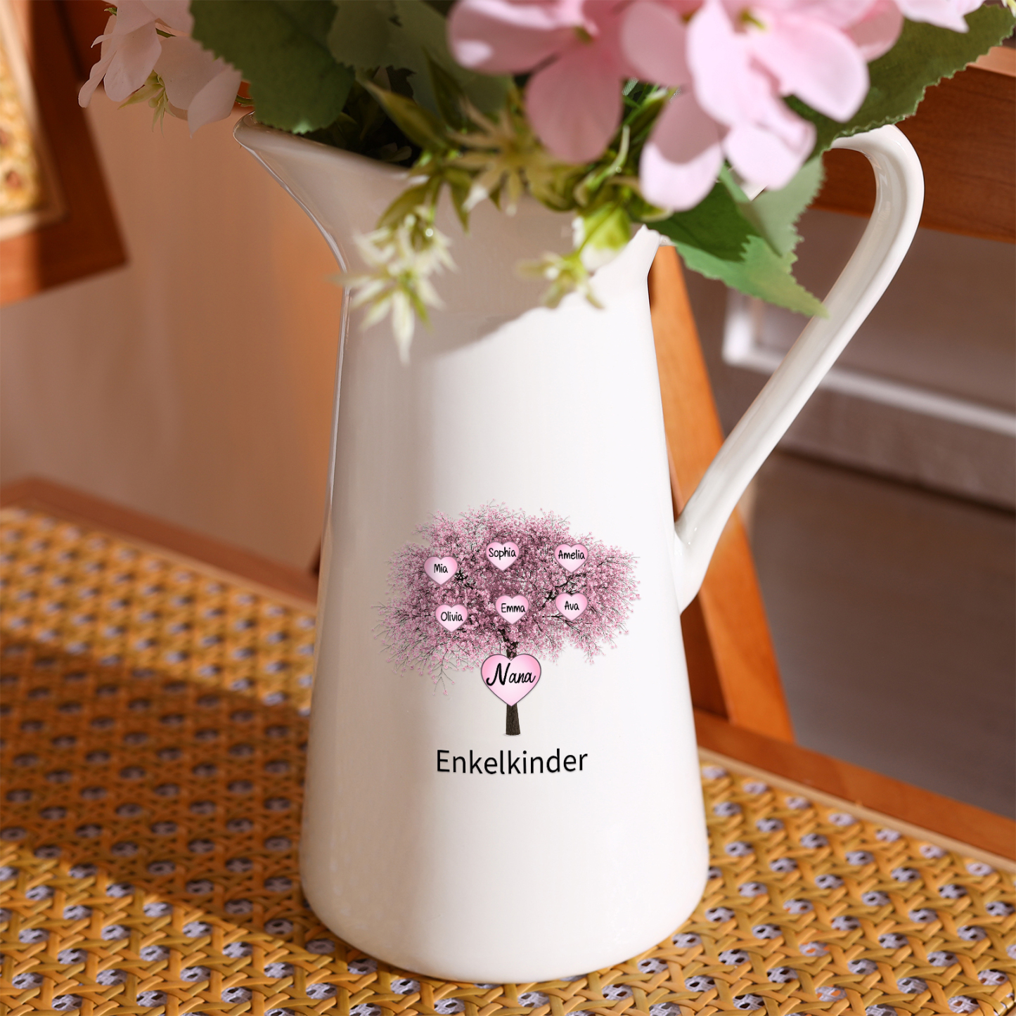Personalisierte 7 Namen & Text Familie Kirschbaum Gießvase mit Henkel Familie Vase