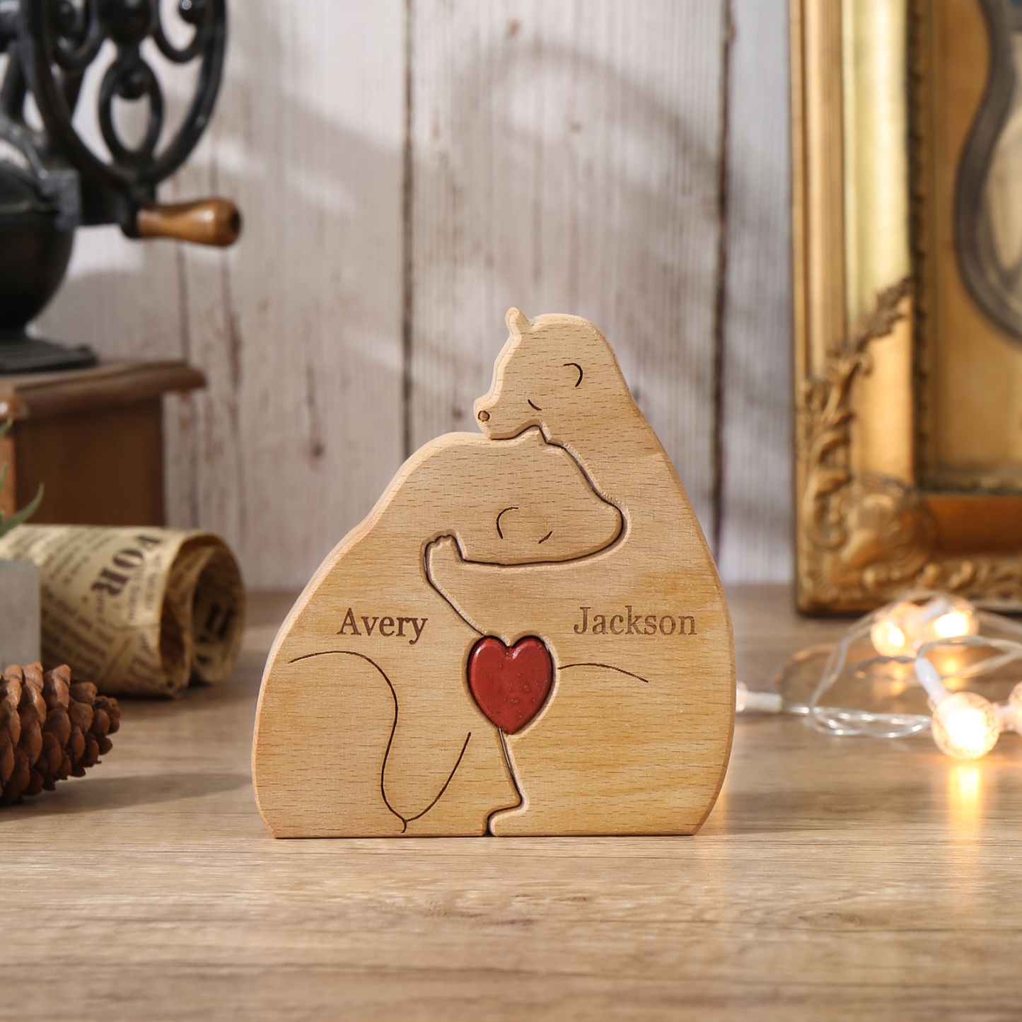 Holzskulptur-Personalisierte 2 Namen Bär Umarmung Paar Holz Deko für Pärchen