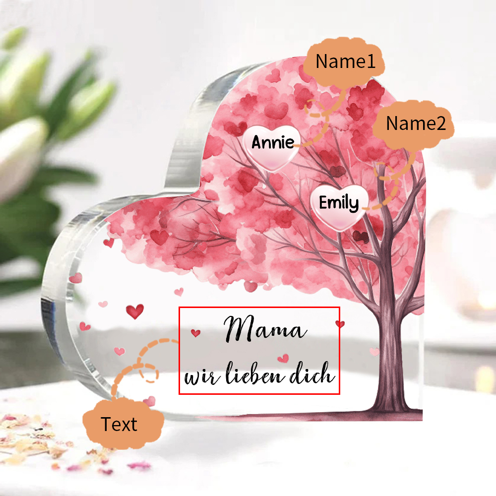 Personalisierte 2 Namen & Text Rosa Familienbaum Familie Acryl-Deko Schreibtischdekoration für Mutter