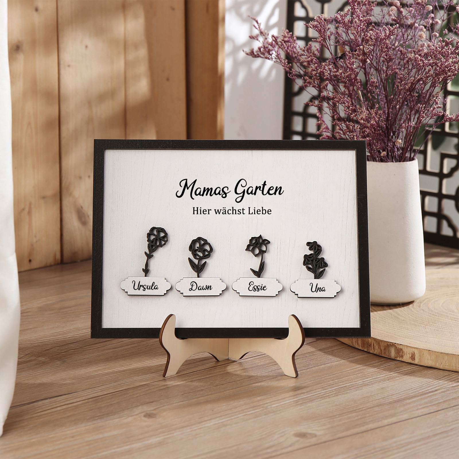 Holz Deko-Personalisierbarer Text & 4 Namen & Geburtsblumen Ornament Mamas Garten Holzdekoration für Mutter