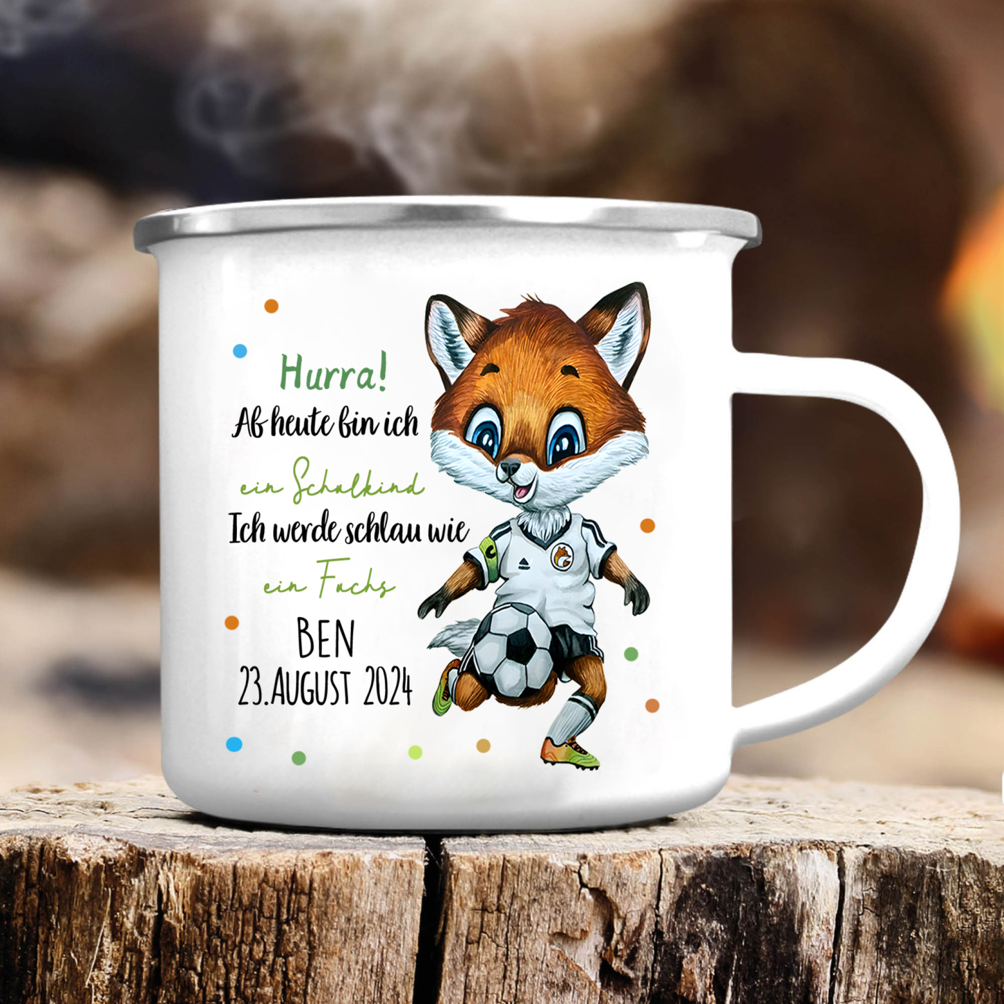 Schulanfang Geschenkset-Personalisierter Name & Datum Emaille Tasse & Personalisierte 2 Texte Stifteetui & Dino Armbänder Set - Geschenk für Schulkind mit Geschenk Box