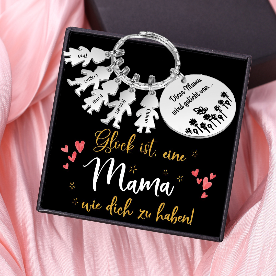 Personalisierte 5 Namen Rund Edelstahl Schlüsselanhänger-Diese Mama wird geliebt von--Geschenk mit Nachrichtenkarte