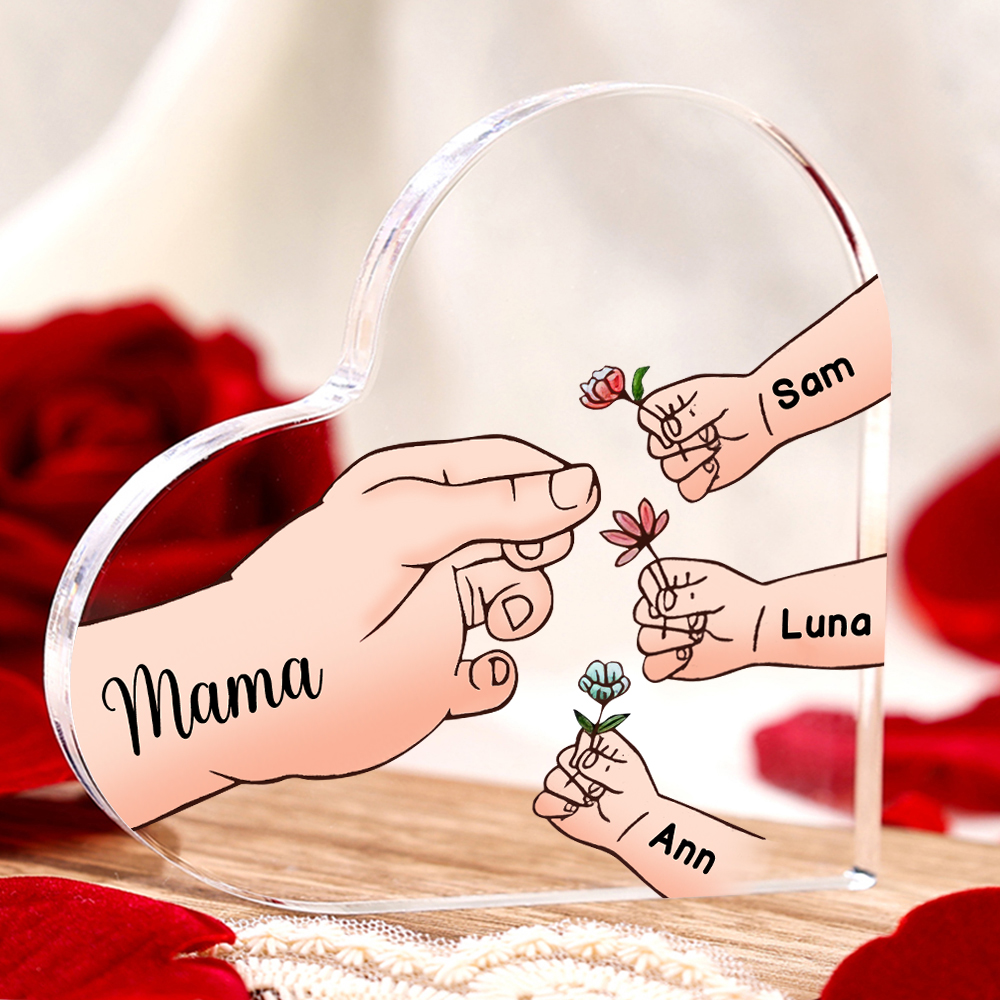 Personalisierte 4 Namen Mama Hand Familie Acryl-Deko Schreibtischdekoration für Mutter