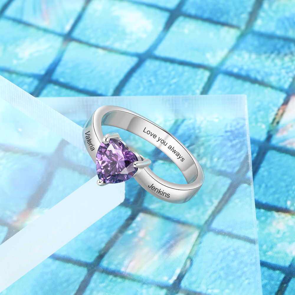 925 Sterling Silber Ring mit 2 Namen und 1 Geburtsstein mit Gravuren