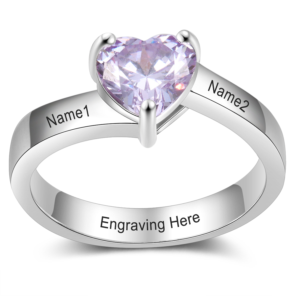 925 Sterling Silber Ring mit 2 Namen und 1 Geburtsstein mit Gravuren