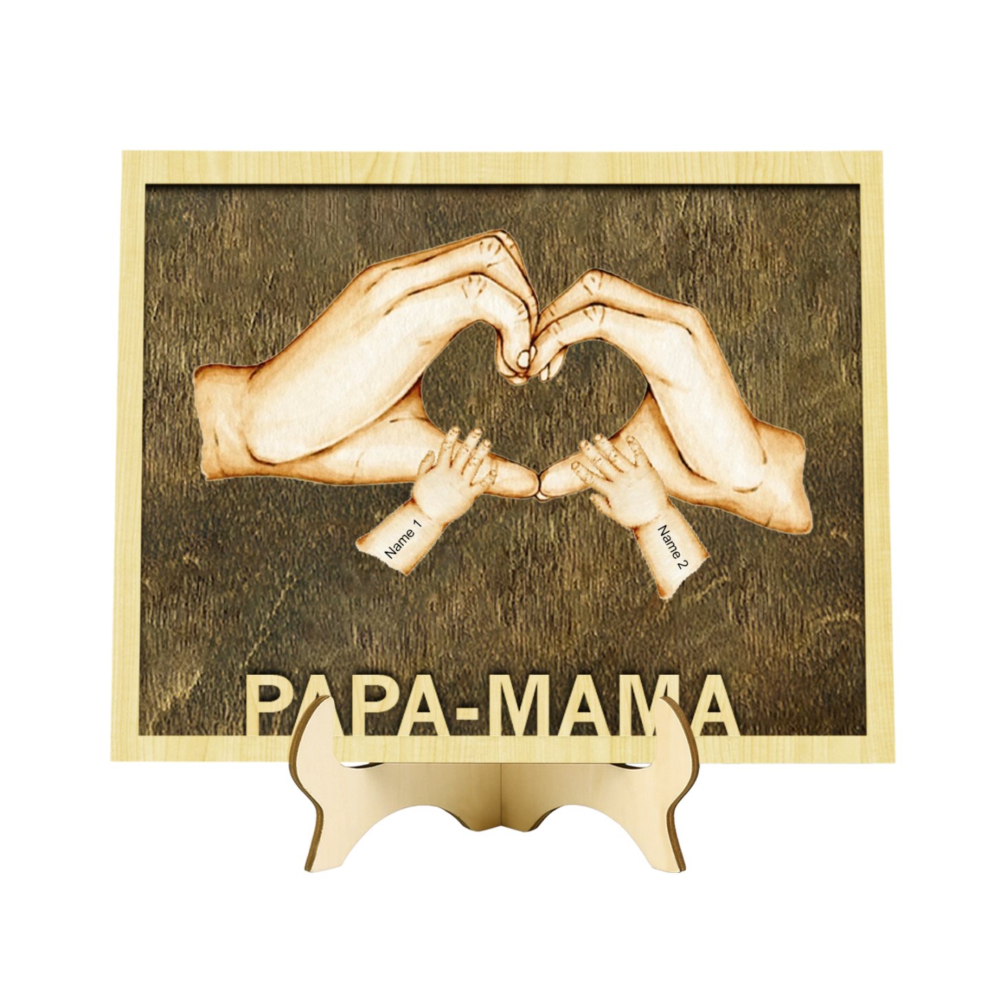 PAPA-MAMA Holz Deko-Personalisierbare 2 Namen Ornament Familie Hand in Hand Holzdekoration für Eltern