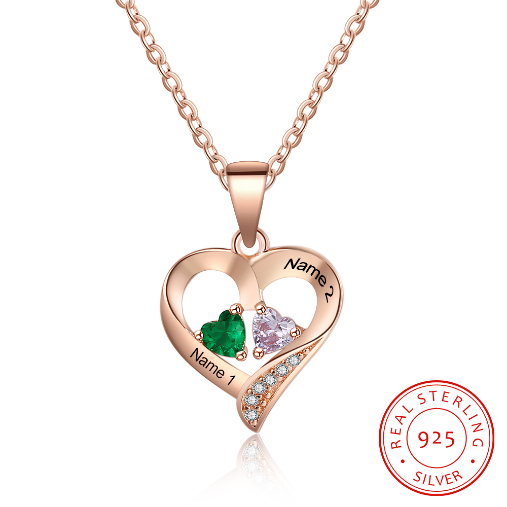 925 Sterling Silber Personalisierte Halskette mit 2 Namen und 2 Geburtssteinen
