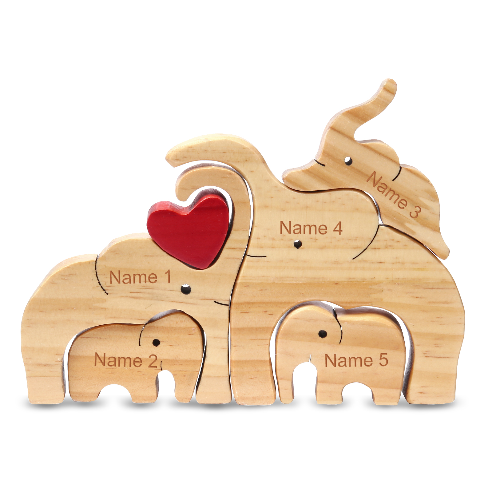 Holzskulptur-Personalisierte 5 Namen Elefanten Familien Holz Deko für Familie