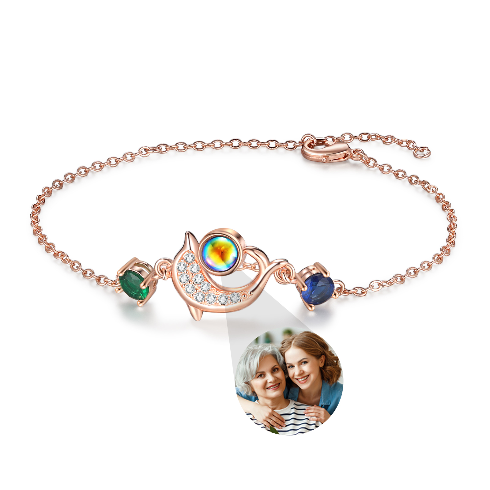Personalisiertes Foto Delphin Projektion Rosegold Armband mit 2 Geburtssteinnen