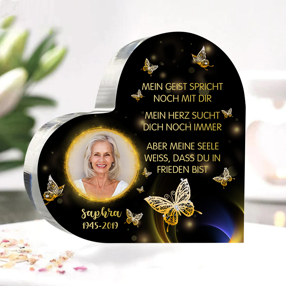 Personalisiertes Foto & Name & Jahr Acryl-Deko-Meine Seele weiß,dass du in Frieden bist-Trauer Schreibtischdekoration