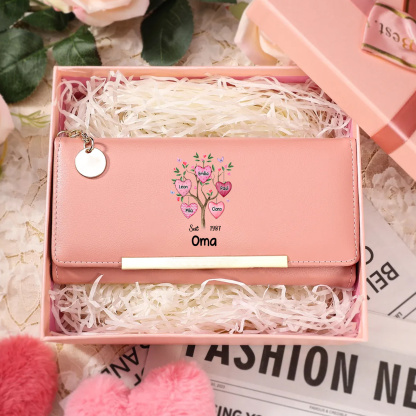 Personalisierte Damen Geldbörse mit Herz-Familienbaum gestaltet mit 2–8 Namen