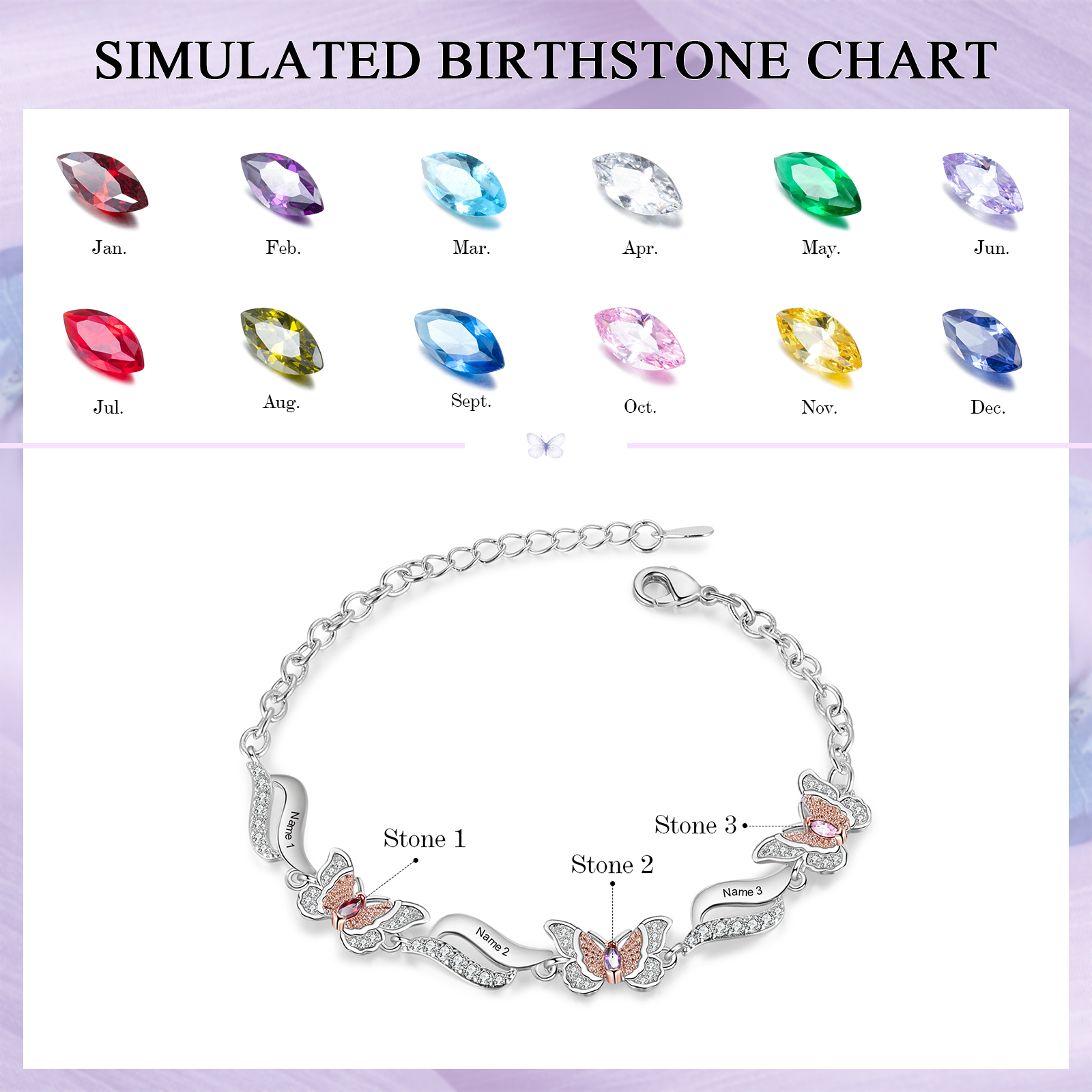 Personalisierte 3 Namen & 3 Geburtssteine Schmetterling Armband mit Zirkonia