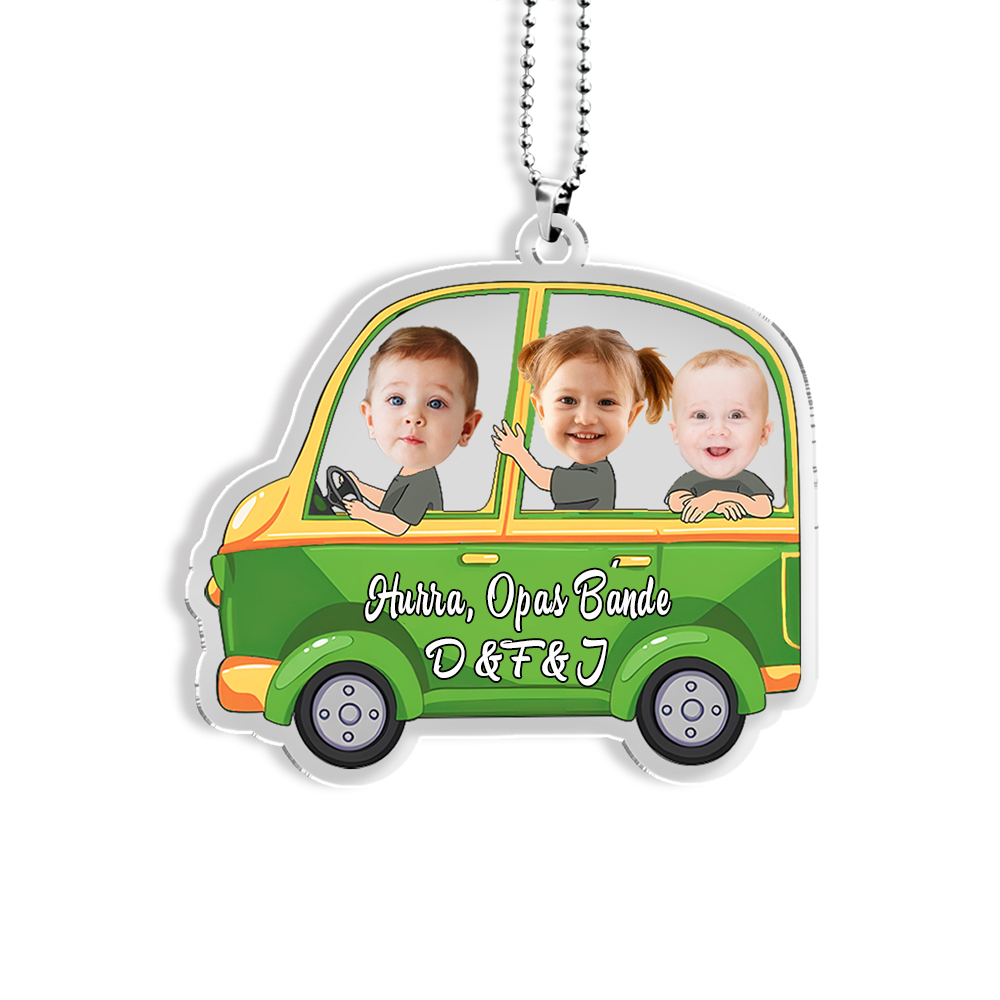 Personalisierte 3 Fotos & Text & Name Grün Auto Acryl Ornament/Schlüsselanhänger mit Schlüsselring