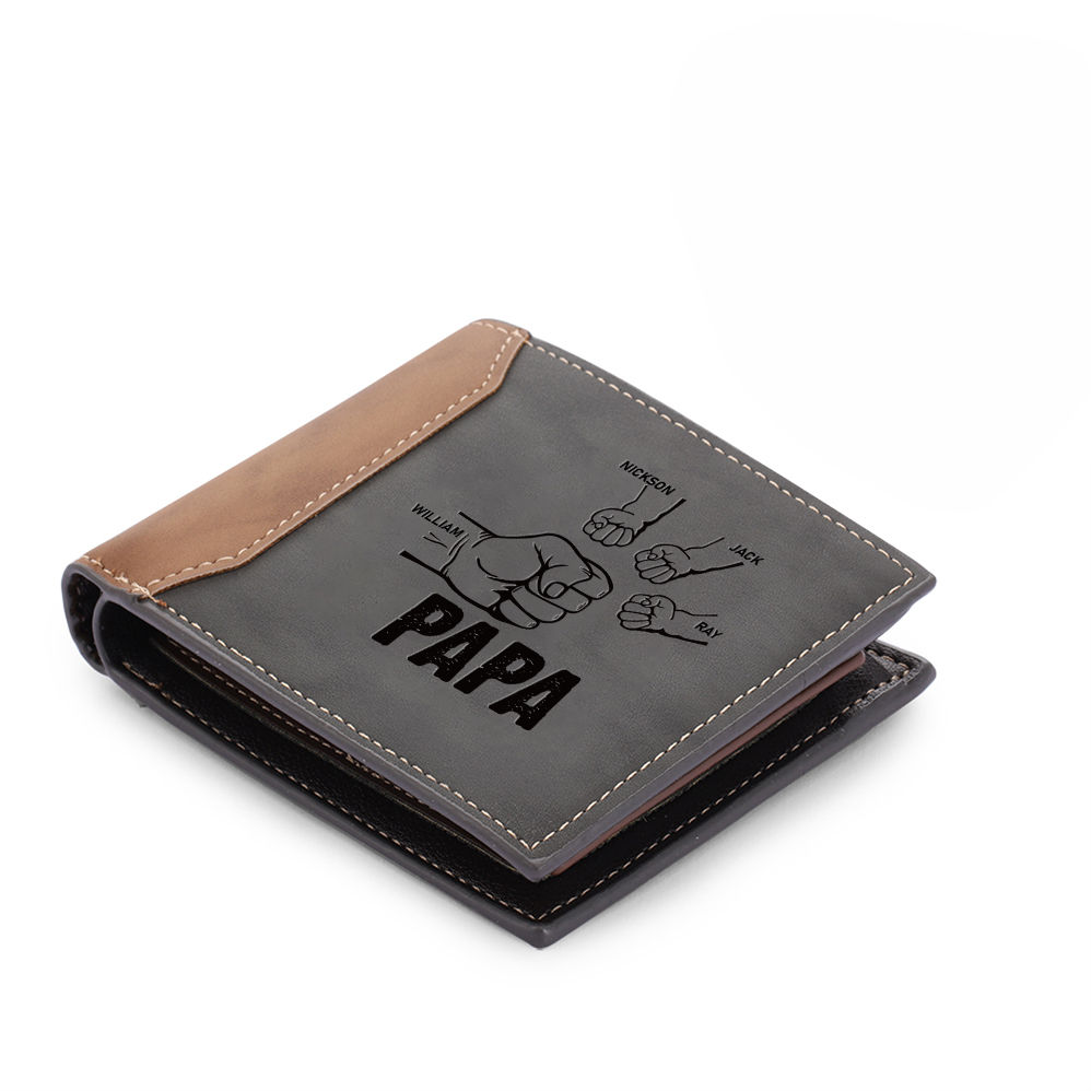 Herren Personalisiertes Foto & 4 Namen Papa Faust Grau Leder Geldbörse-Geschenk für Vater