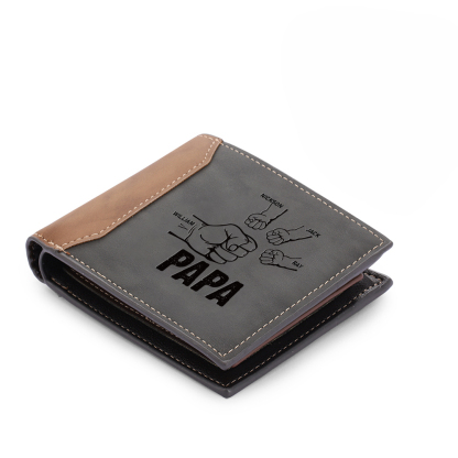 Herren Personalisiertes Foto & 4 Namen Papa Faust Grau Leder Geldbörse-Geschenk für Vater