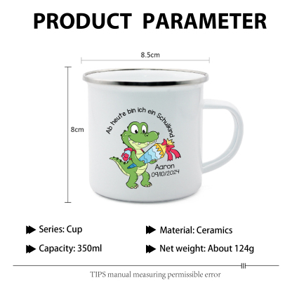Emaille Tasse-Personalisierter Name & Datum Emaille Becher Schukind Krokodil Ab heute bin ich ein Schulkind Geschenk zum Schulanfang