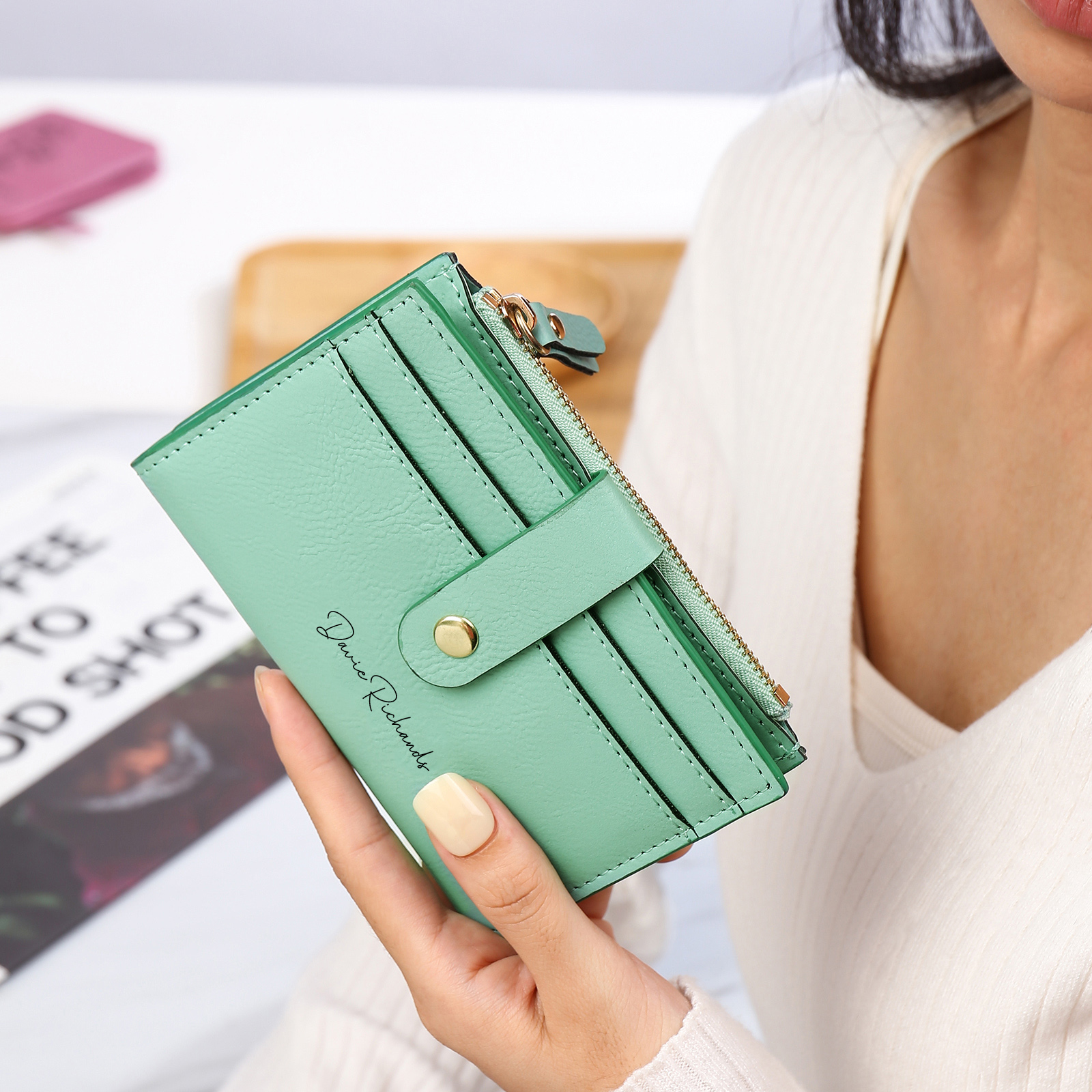 Damen Personalisierter Text & Name & Geburtsblume PU Leder Geldbörse