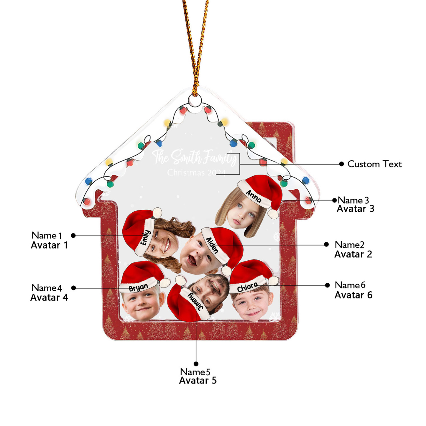 Holz Weihnachtsornament – Personalisierter Text & 2-6 Namen & 2-6 Avatare – Festliche Weihnachtsbaum-Dekoration
