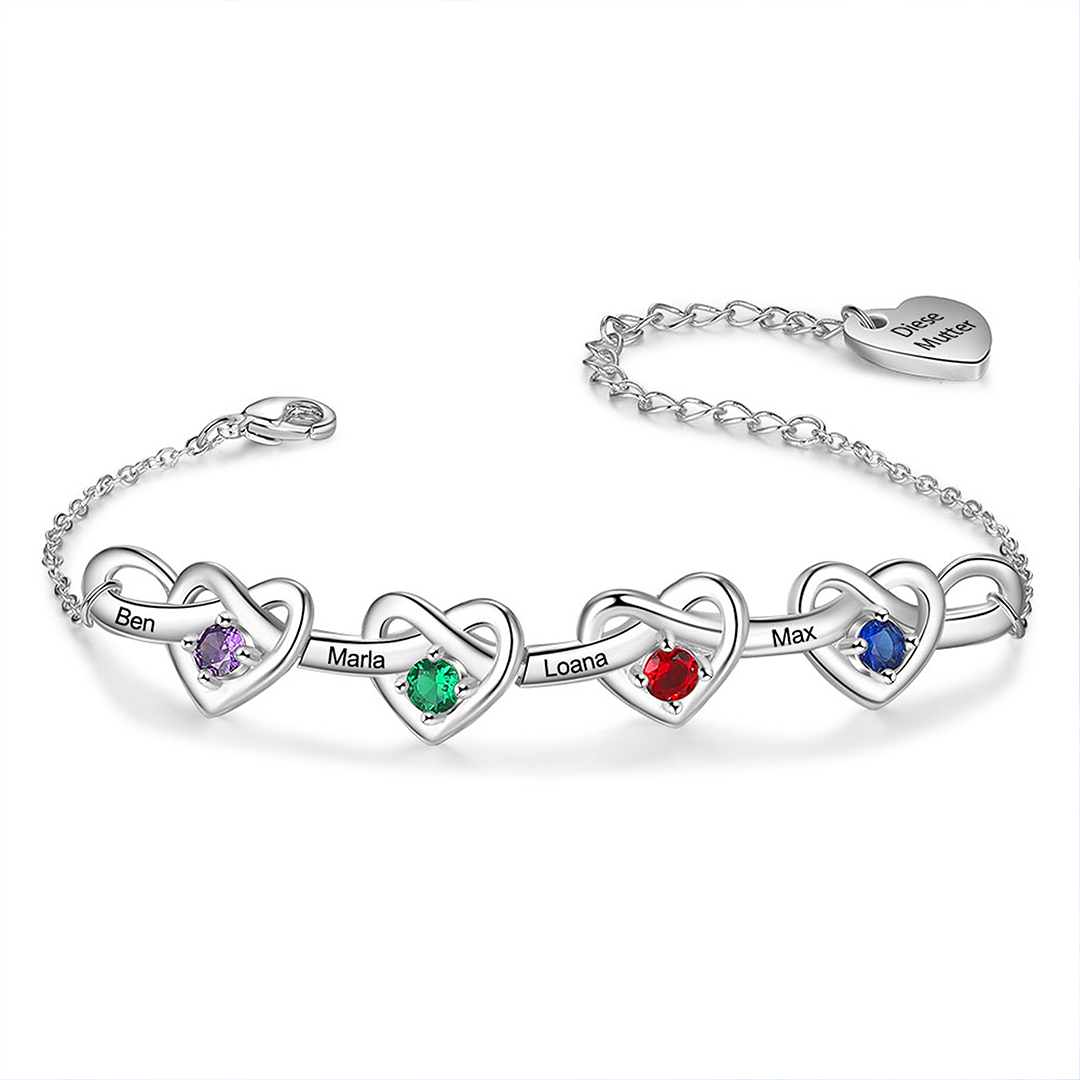 Personalisierte 4 Namen & Text Herz Armband mit 4 Geburtssteinen