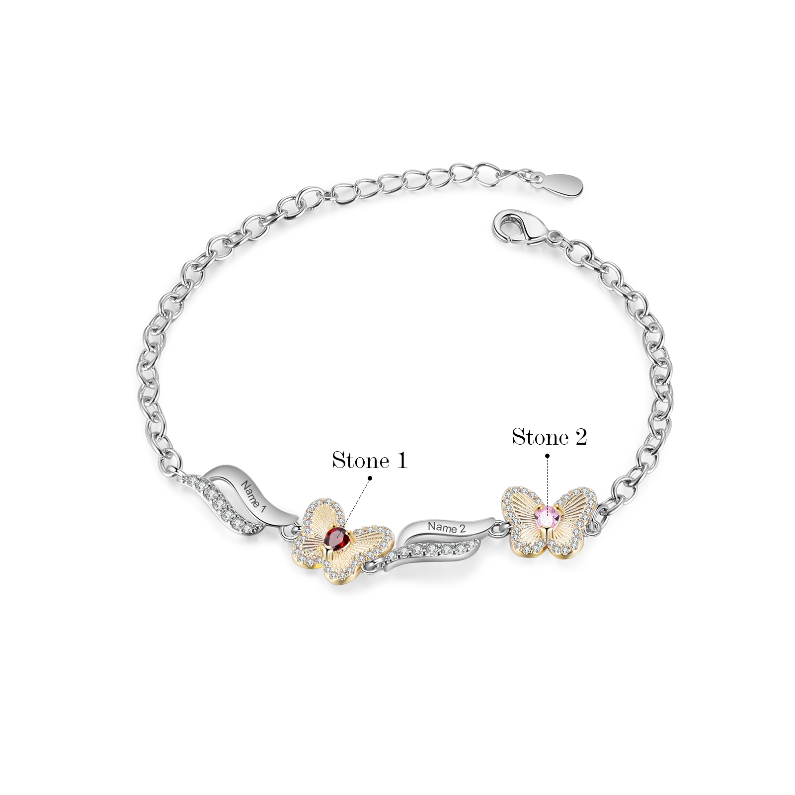 Personalisierte 2 Namen & 2 Geburtssteine Schmetterling Armband mit Zirkonia