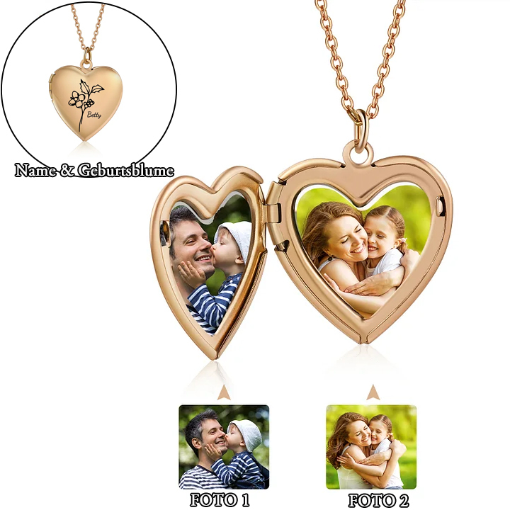 Personalisierte 2 Fotos & Geburtsblume & Name Feine Herz Halskette
