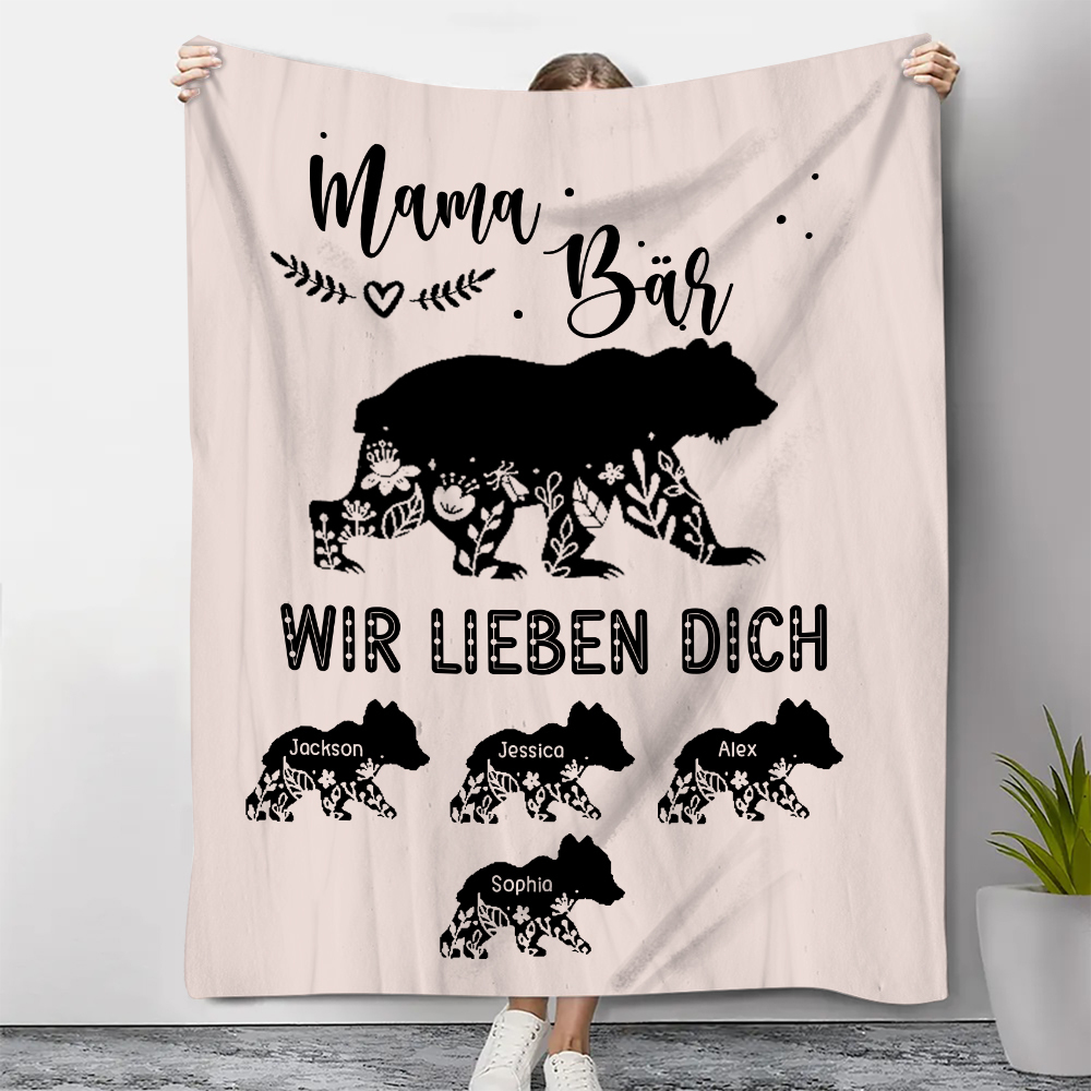 Personalisierbare 4 Namen Mama Bär Wir lieben dich Rosa Decke - Geschenk für Mutter