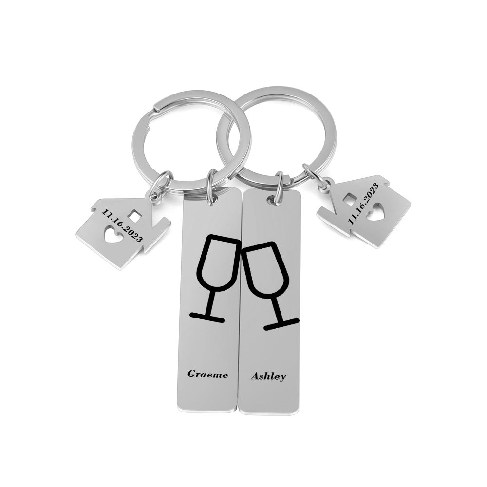 Personalisierbar 2 Namen & 2 Datum Prost Metall Schlüsselanhänger mit Haus Anhänger