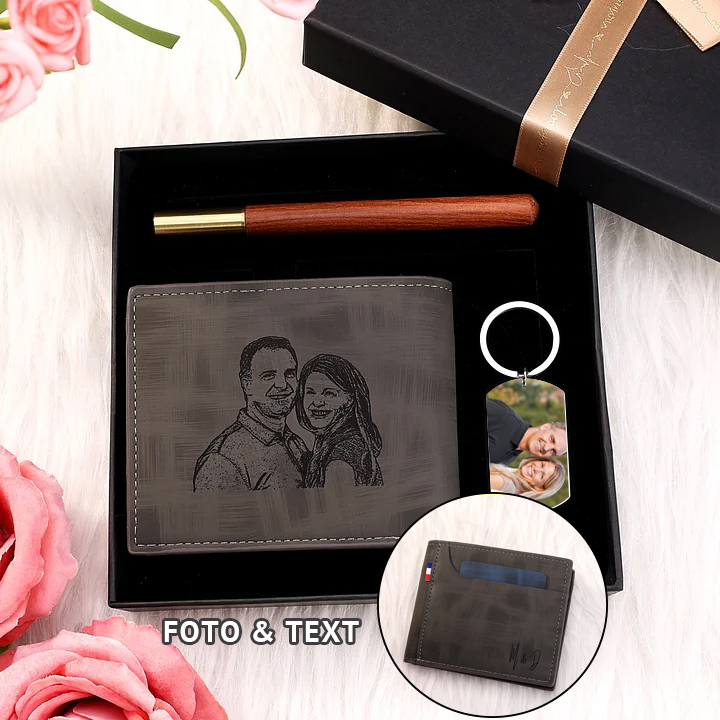 Personalisierte Foto & Text Geldbörse & Foto & Foto & 1 Name Schlüsselanhänger & Stift Geschenkpackung Geschenkset für Mann Freund