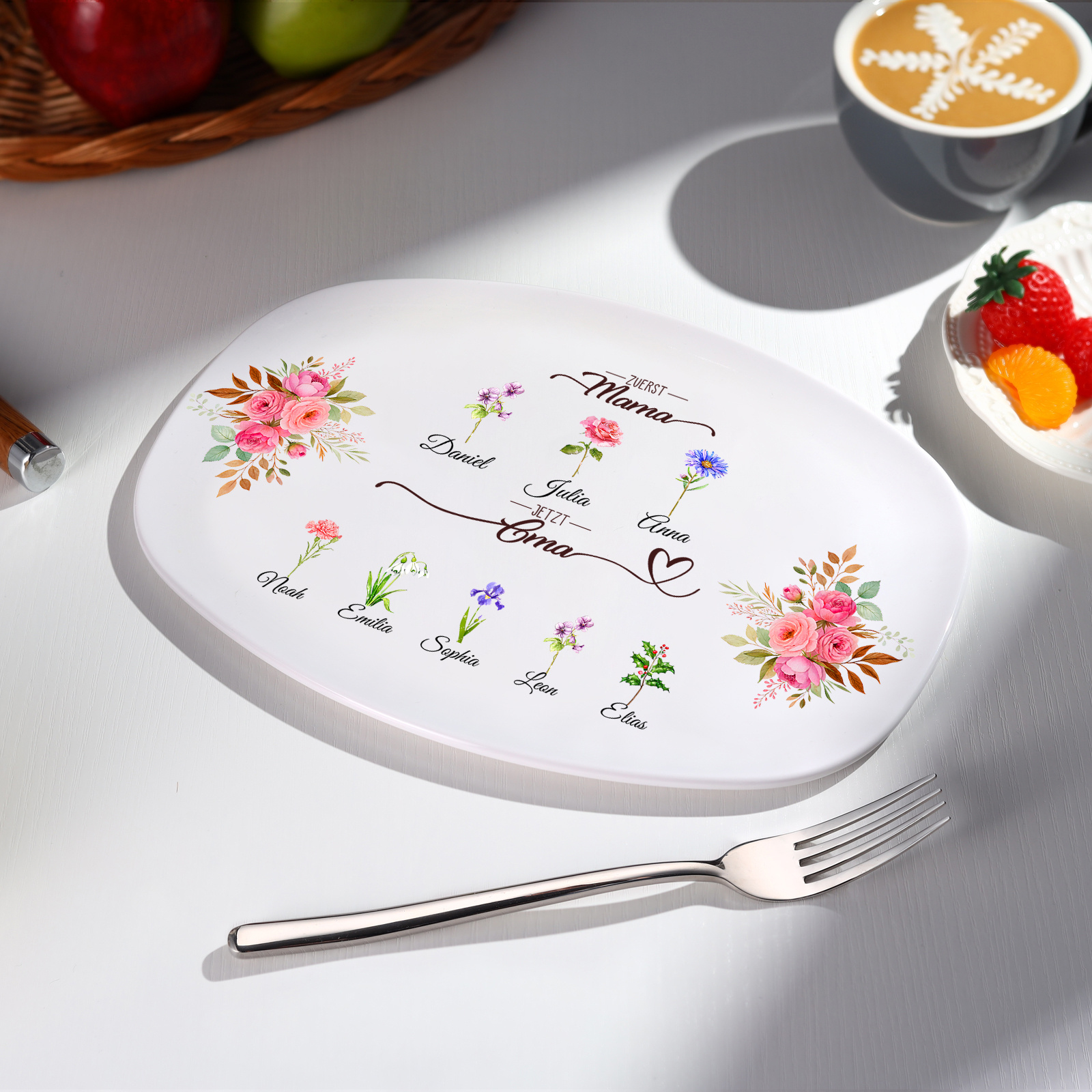 "Erst Mama, jetzt Oma" ovaler Teller mit personalisierten Geburtsblumen