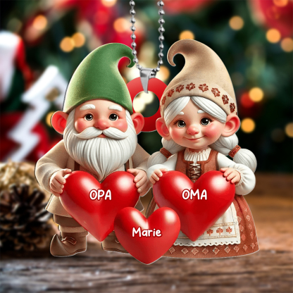 Personalisierter Weihnachtsbaumschmuck mit Herzen und Namen – Wichtel-Familie