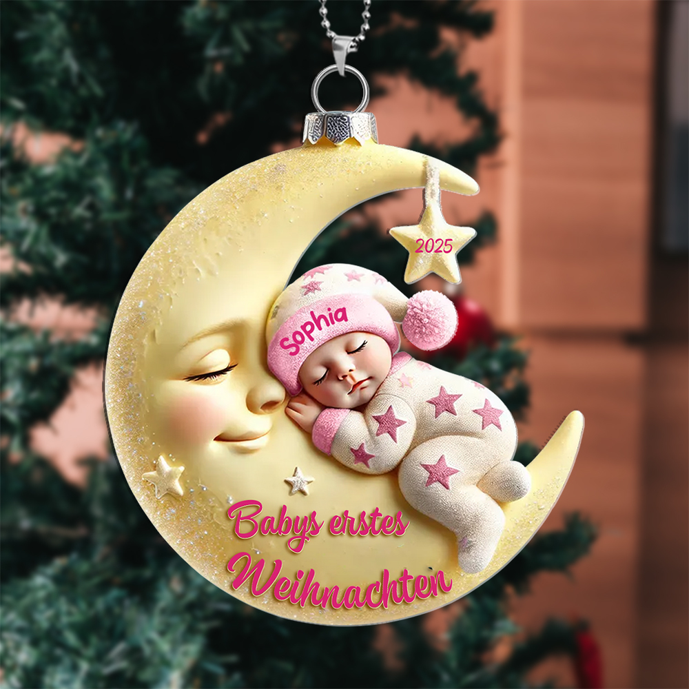 Babys erstes Weihnachten – Personalisierter Christbaumanhänger Mond & Sterne mit Name und Jahr
