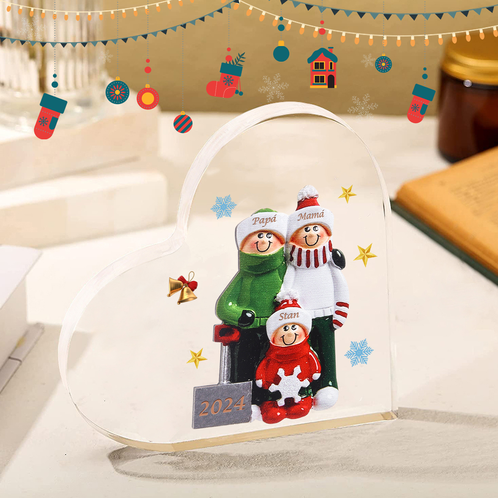 Personalisiertes Acrylherz Schneeschaufel-Familie mit 2-8 Namen & Jahr