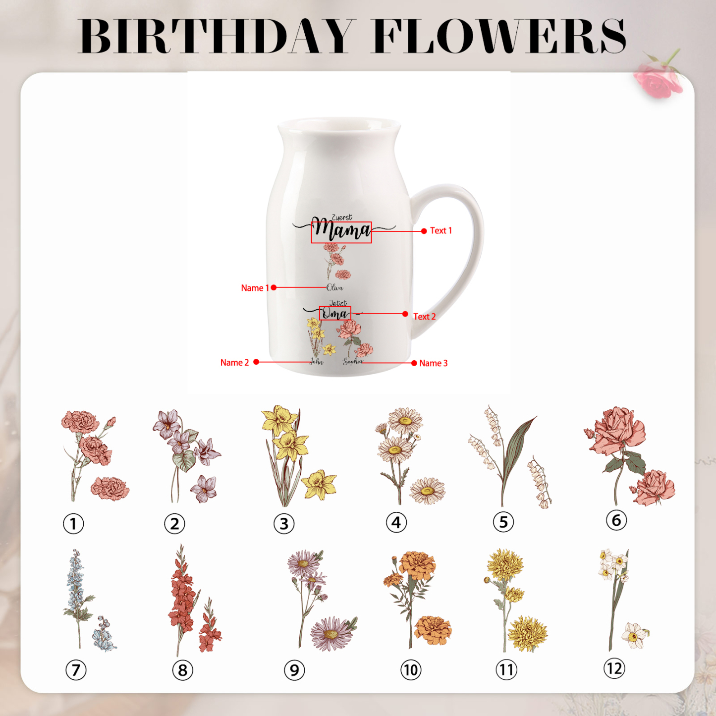 Personalisierte Vase mit Henkel, Geburtsblumen und 2–12 Namen „Zuerst Mama, jetzt Oma“ Geschenk für Mama oder Oma