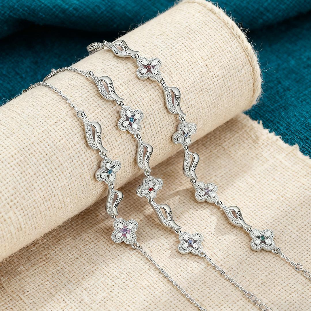 Personalisierte 2-4 Namen & 2-4 Geburtssteine Blume Welle Armband mit Zirkonia