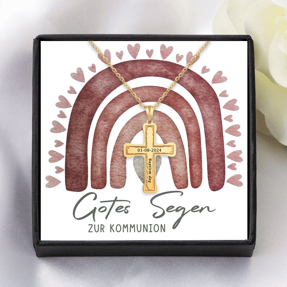 Personalisierter 1 Text & 1 Datum Kommunion Kreuz Golde Halskette- Gottes Segen zur Kommunion- Geschenk mit Nachrichtenkarte