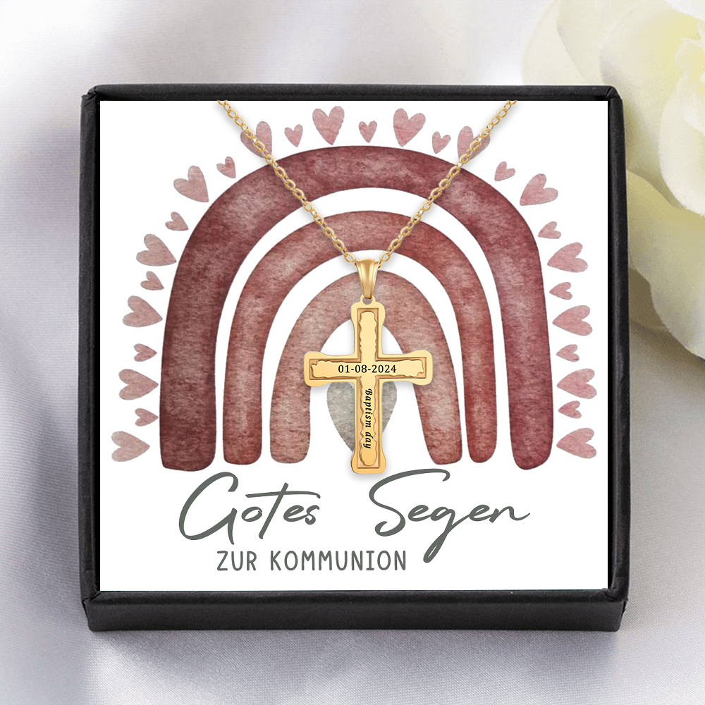 Personalisierter 1 Text & 1 Datum Kommunion Kreuz Golde Halskette- Gottes Segen zur Kommunion- Geschenk mit Nachrichtenkarte