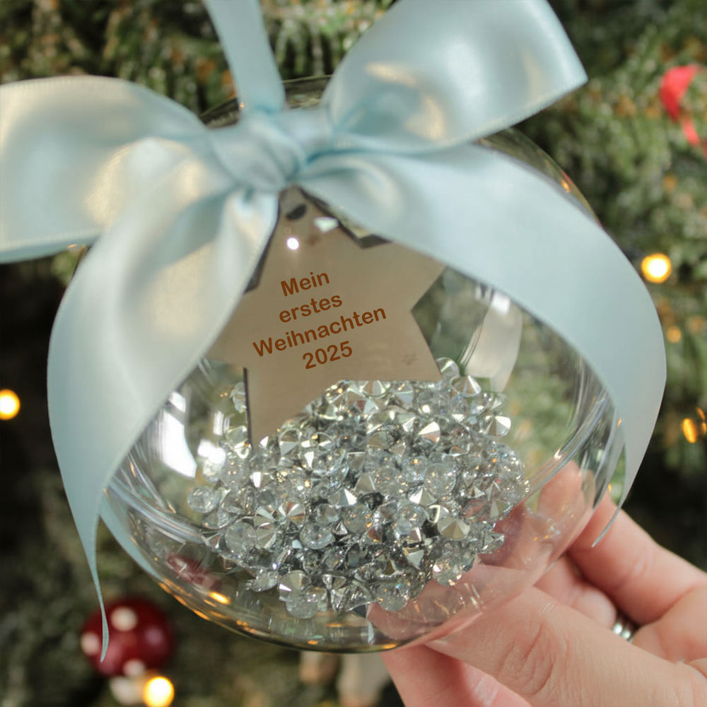 Personalisierte Weihnachtskugel mit Gravur Christbaumanhänger mit Stern-Motiv und Satinschleife