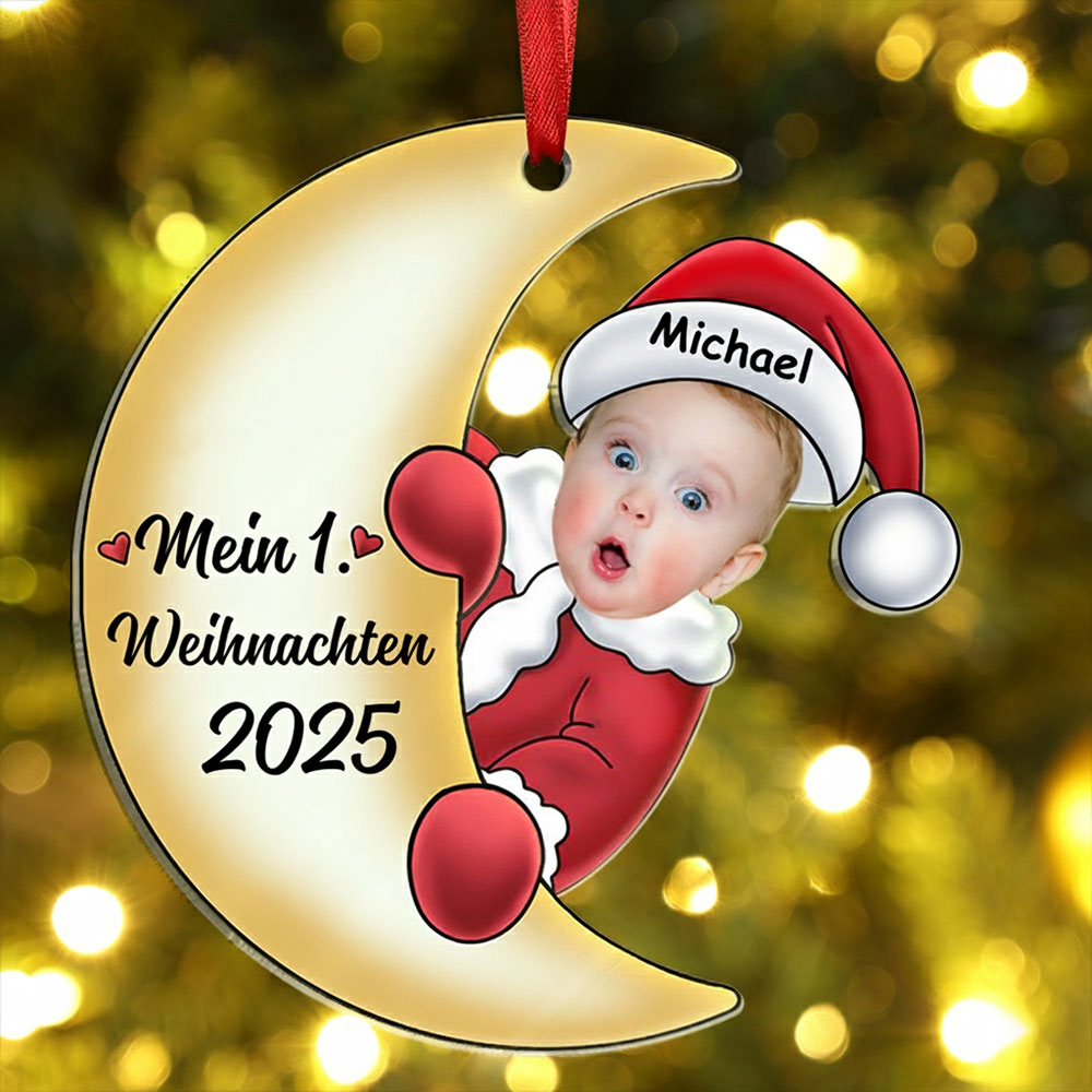 Acryl Weihnachtsornament - Personalisierter 1 Name & Foto & Jahr Baby auf dem Mond – Erster Weihnachten 2024 – Weihnachtsanhänger