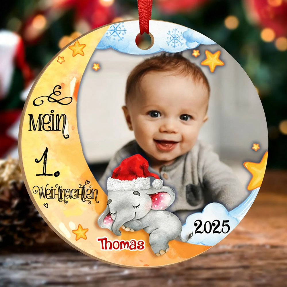Holz Weihnachtsornament-Personalisierter 1 Name & Foto Halbmond Rund Baby Ornament- Mein 1. Weihnachten
