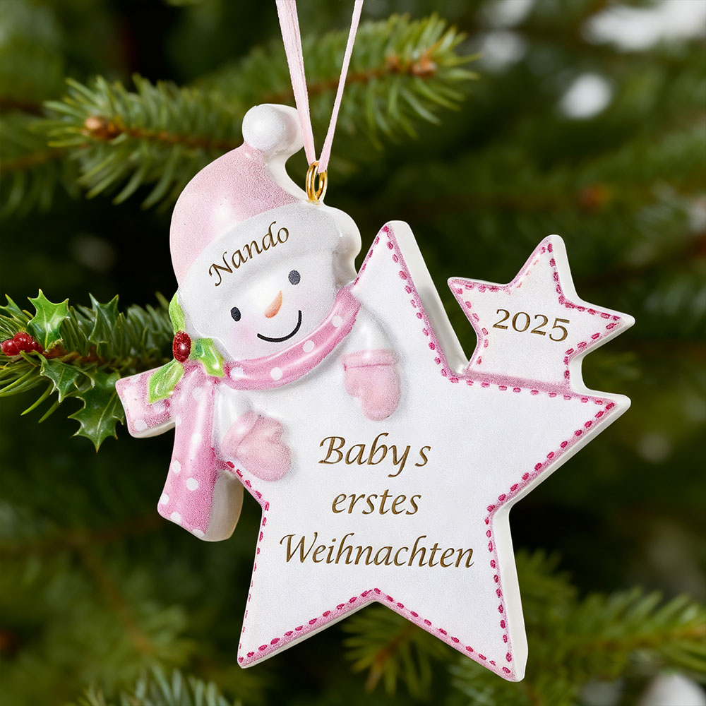 Personalisierter Stern-Weihnachtsanhänger mit Schneemannmotiv – Babys erstes Weihnachten, Christbaumschmuck