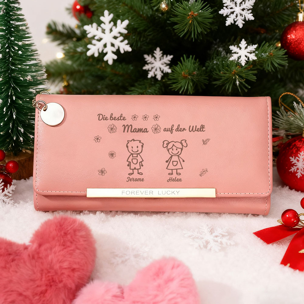 Personalisiertes Foto & 2 Namen & Muster Rosa/Blau/Gelb PU Leder Lange Portemonnaie Geldbörse-Die beste MAMA/OMA auf der Welt