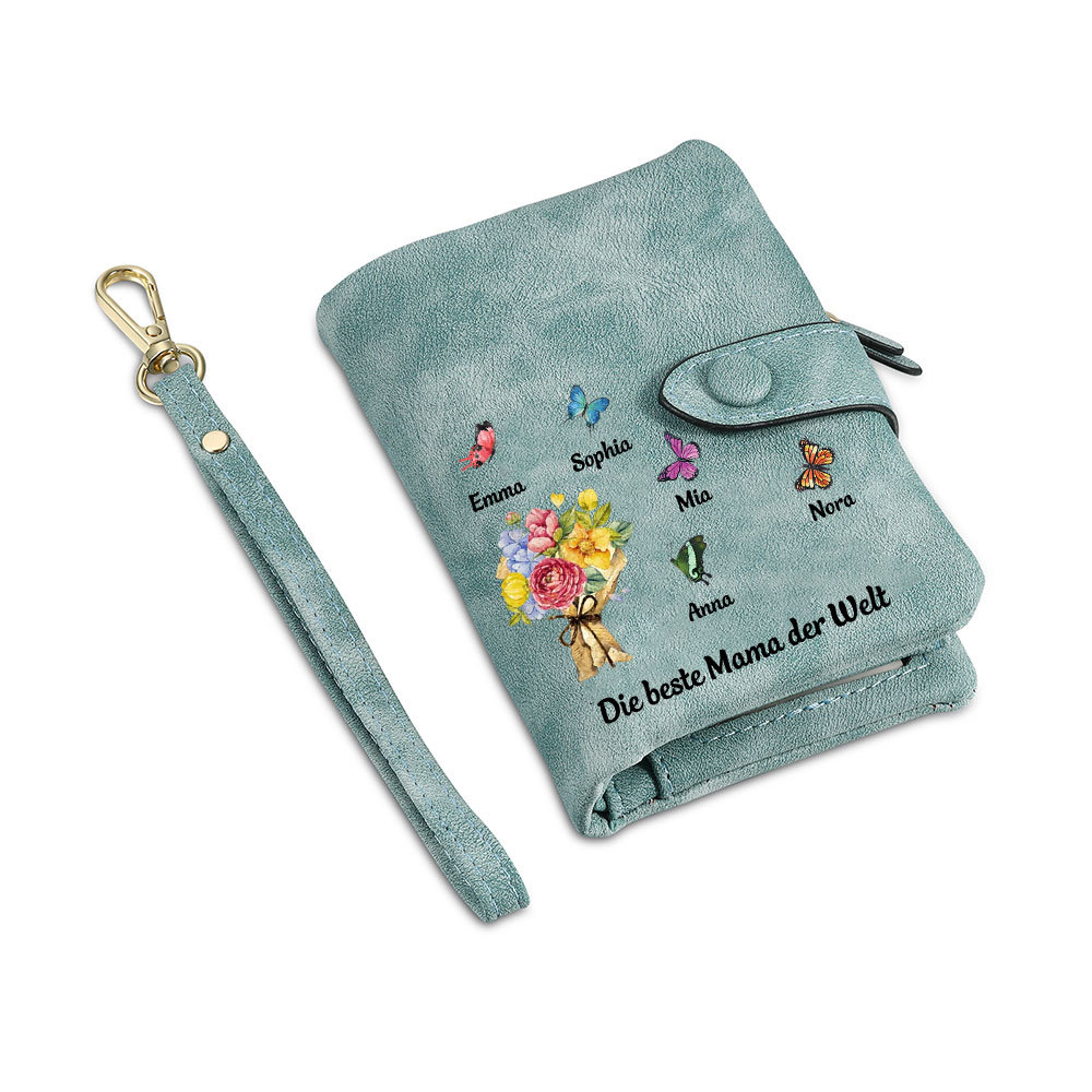 Damen Personalisierte 1-6 Namen & Text Blumen & Schmetterling PU Leder Geldbörse für Mama