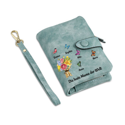 Damen Personalisierte 1-6 Namen & Text Blumen & Schmetterling PU Leder Geldbörse für Mama
