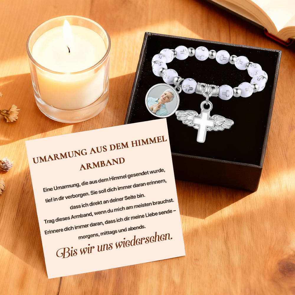 Personalisiertes Foto-Gedenkarmband mit Perlen, Engelsflügel und Rosenkranzkreuz Geschenkkarte Set