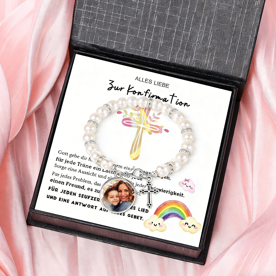 Personalisierbares Foto‑Perlenarmband mit Kreuz – Geschenk zur Konfirmation für Mädchen inkl. Segenskarte & Box