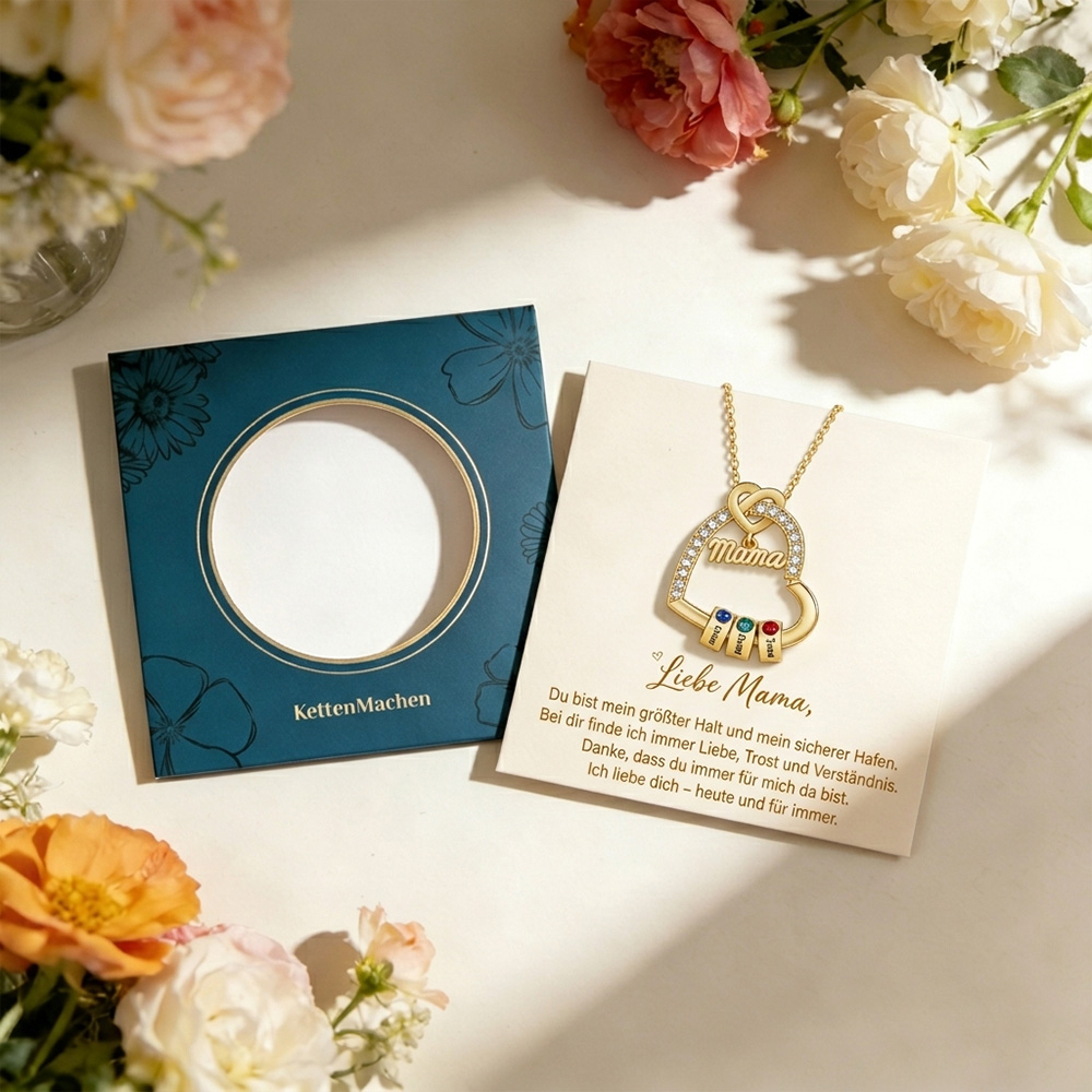 Personalisierte 1 Titel & 1-5 Namen Herz Halskette mit 1-5 Geburtssteinen für Mama/Mutter/Oma-Geschenk Box Set