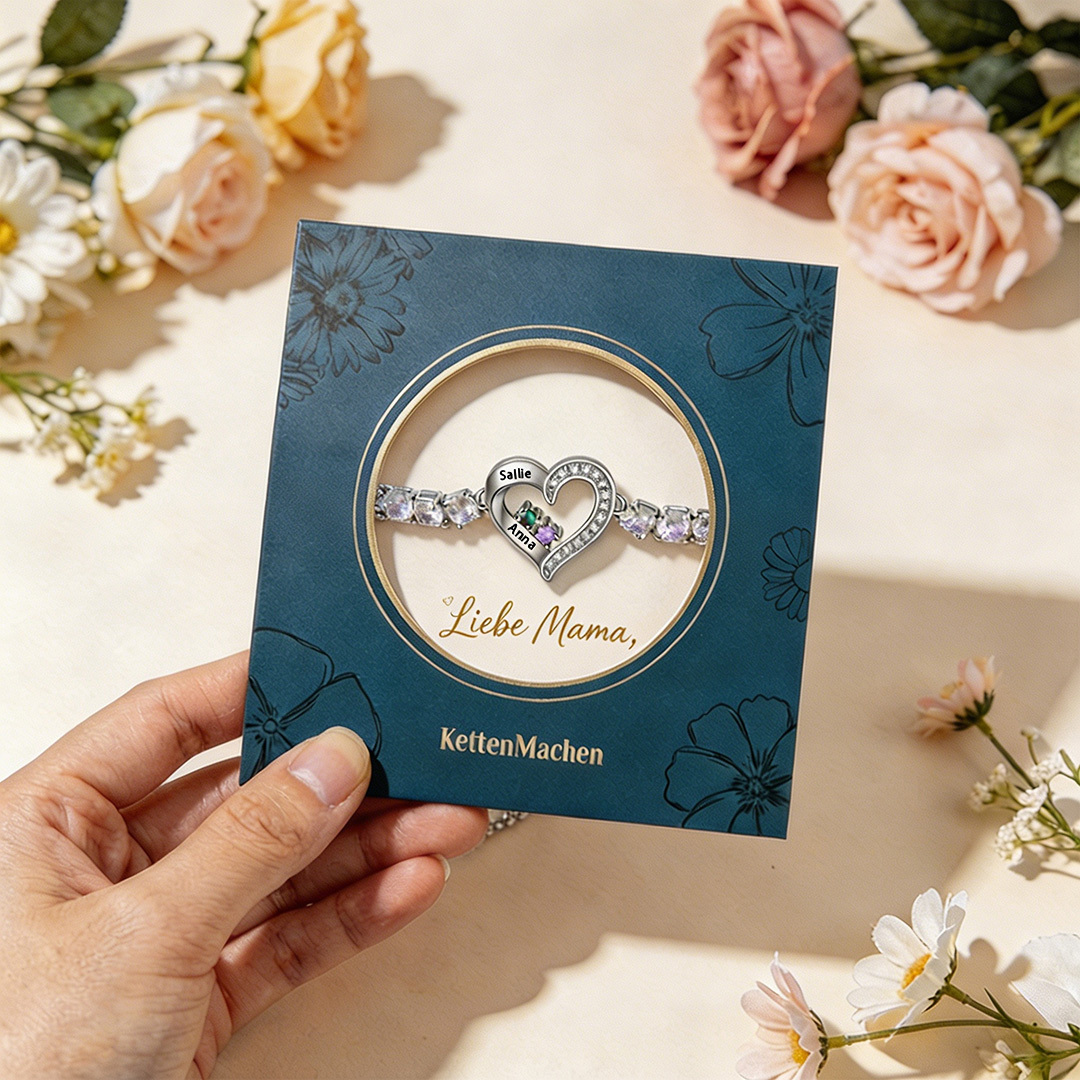 Personalisierbares Tennisarmband mit 2-4 Namen, Herz und Geburtssteinen