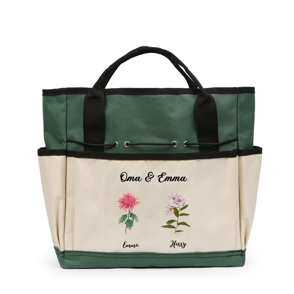 Personalisierte 2-8 Namen & Geburtsblumen & Text Gartentasche Familie 