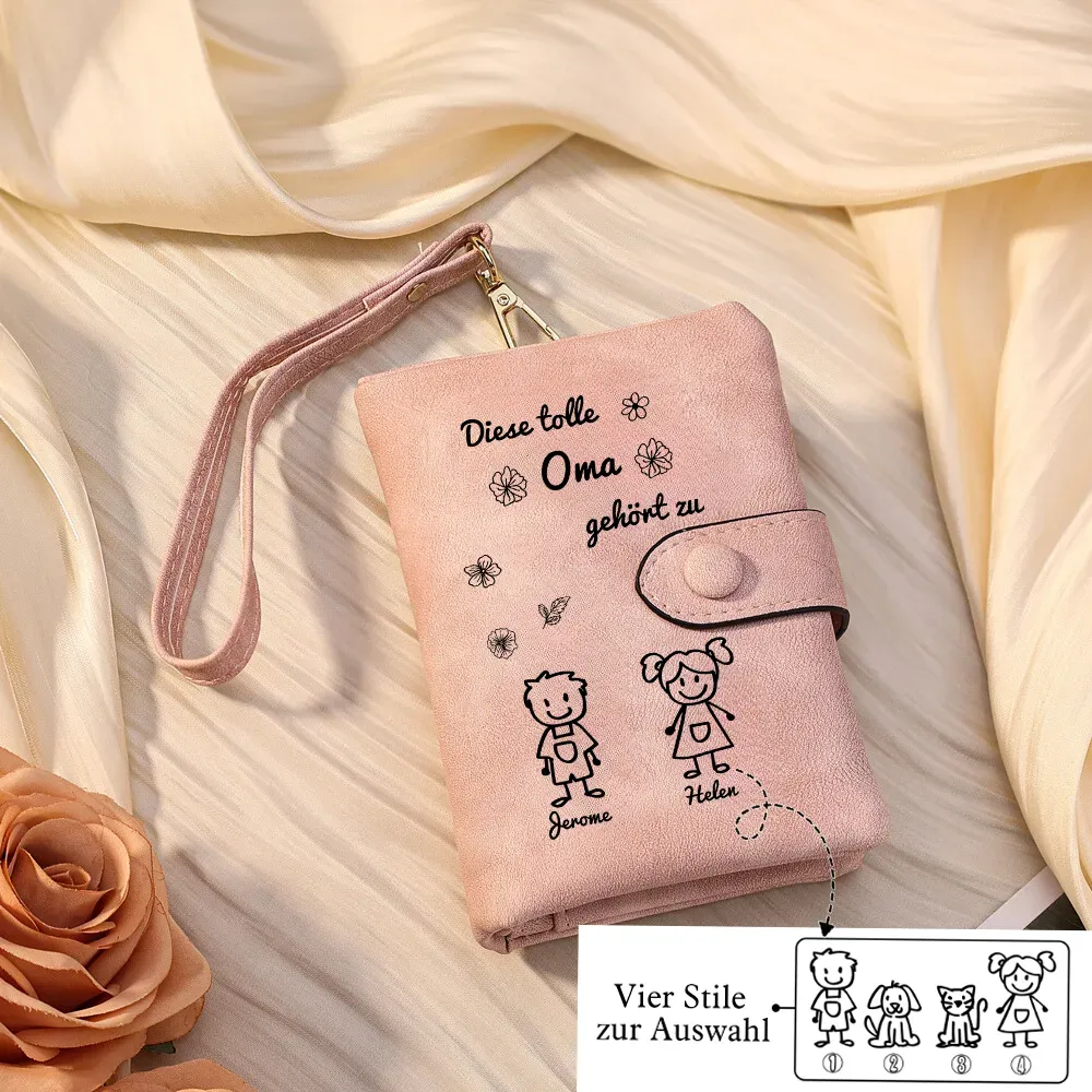 Personalisierte 2 Namen & Muster PU-Leder Portemonnaie & 2 Namen Herz Schlüsselanhänger -Diese tolle Oma gehört zu- Geldbörse & Schlüsselanhänger Geschenkbox Set für Oma Großmutter